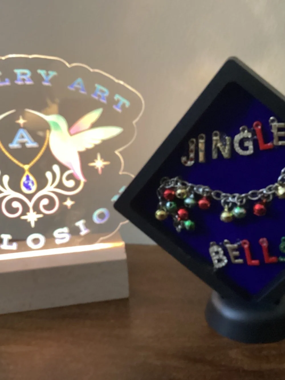 Upcycled jewelry made in art jingle bells Christmas tree charms beads framed